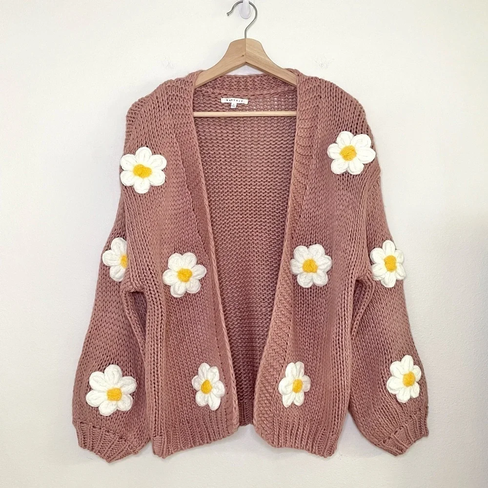 Baevely Daisy Cardigan Open Front Bubble Sleeve Floral Sweater Dusty Mauve Small